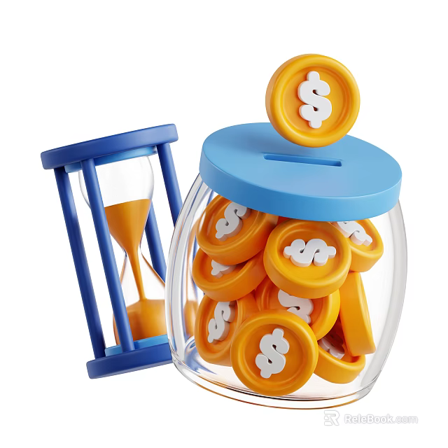 Decorative Ornament Set With Blue Hourglass And Blue Lid Glass Jar Filled With Dollar Coins 3d model 