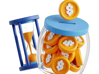 Decorative Ornament Set With Blue Hourglass And Blue Lid Glass Jar Filled With Dollar Coins 3d model