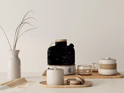 Minimalist Decorative Ornament Set With White Vase Black Kettle Glass Cup And Wooden Tray 3d model
