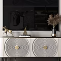 Modern White And Gold TV Stand With Circular Panels Golden Knobs And Decorative Items