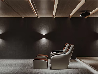 Modern Home Theater With Wooden Ceiling Beams Projector Dark Walls And Comfortable Seats 3d model