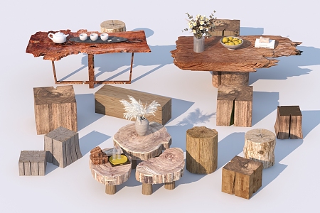 Chinese Style Coffee Table Wood Tea Table Old Wood Board Log Corner Table Tree Stump Wooden Stool Seat 3d model