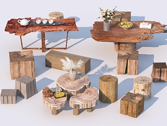 Chinese Style Coffee Table Wood Tea Table Old Wood Board Log Corner Table Tree Stump Wooden Stool Seat 3d model