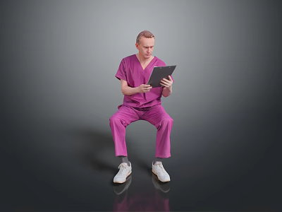 Game Movie Character in Pink Scrubs Sitting on Reflective Ground Holding Tablet with Gray Background 3d model