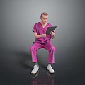 Game Movie Character in Pink Scrubs Sitting on Reflective Ground Holding Tablet with Gray Background