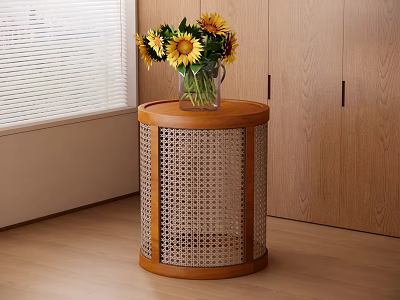 Round Wooden Side Table With Rattan Weave Design And Sunflower Bouquet In Vase By Window 3d model