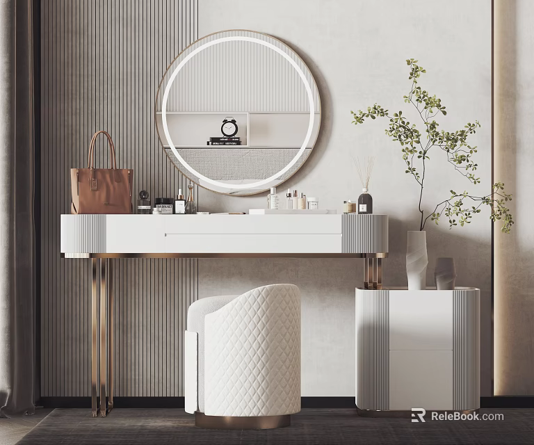 Elegant Modern Dressing Table With Round Mirror White Countertop Gold Legs And Green Plant 3d model 