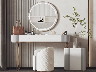 Elegant Modern Dressing Table With Round Mirror White Countertop Gold Legs And Green Plant 3d model