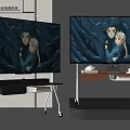 Two Large TVs Displaying Anime Characters On Modern Wheeled Stands With Books And Cups