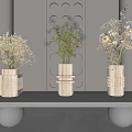 Wooden Vases With Dried Flowers On White Table Interior Decor Background Wall Circular Holes