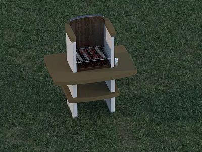 Outdoor Fire Pit With Brown Countertop And Shelf On Green Grass 3d model