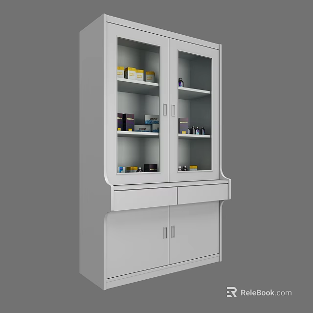 White Medical Equipment Storage Cabinet With Glass Doors And Drawers For Medication 3d model 