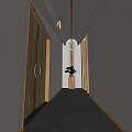 Elegant Hotel Corridor With Wooden Doors Recessed Lighting Green Plant And Dark Flooring