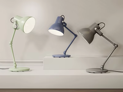 Modern Adjustable Arm Desk Lamps in Green Blue Gray on White Surface 3d model