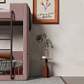 Velvet Bunk Bed with Ladder Mattresses Decorative Paintings and Plant in Modern Bedroom