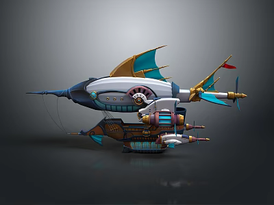 Steampunk Fantasy Airship Featuring Mechanical Wings Propeller And Blue Gold Accents 3d model