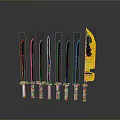 Various Colored Handle Knives With Straight And Serrated Blades Arranged In