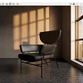 Modern Leather Accent Chair In Sunlight Through Window With Light Shadows On Concrete Floor