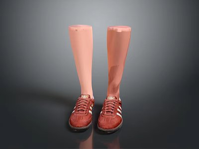 Red Sports Shoes Worn On Flesh Colored Prosthetic Legs Against Dark Background 3d model