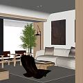 Cozy Living Room Interior With White Sofa Brown Cushions Wooden Coffee Table Two Brown Chairs Large Green Plant And Dark Painting