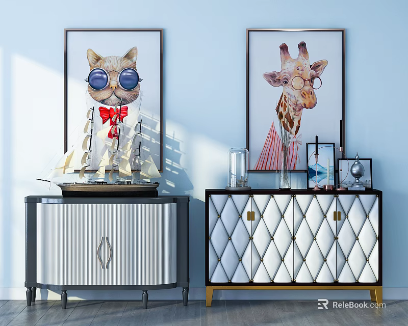 Stylish Entrance Cabinet And Side Cabinet With Sailboat Model Glassware And Cat Giraffe Paintings 3d model 