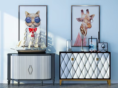 Stylish Entrance Cabinet And Side Cabinet With Sailboat Model Glassware And Cat Giraffe Paintings 3d model