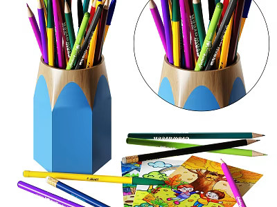 Colored Pencils In Blue Wooden Pencil Holder With Vibrant Coloring Paper 3d model