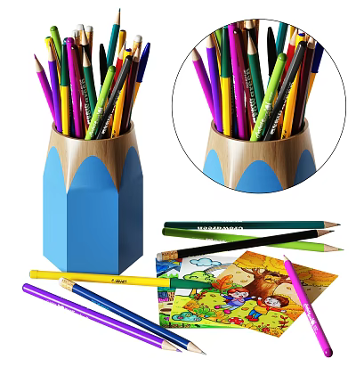 Colored Pencils In Blue Wooden Pencil Holder With Vibrant Coloring Paper 3d model