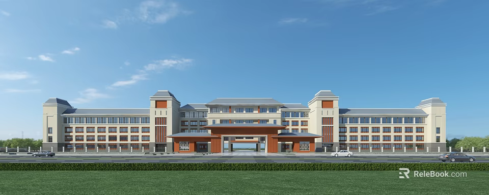 Modern Multi Story Campus Academic Building With Twin Towers Green Lawn And Covered Porch 3d model 