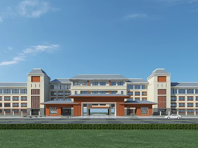 Modern Multi Story Campus Academic Building With Twin Towers Green Lawn And Covered Porch 3d model