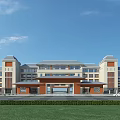 Modern Multi Story Campus Academic Building With Twin Towers Green Lawn And Covered Porch