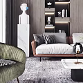 Modern Living Room With Stylish Sofa And Coffee Table Set Cushions Green Plants Chandelier And Marble Wall