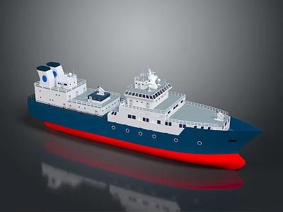 Modern Warship With Blue Red Hull Multi Deck Bridge And Upper Structure 3d model