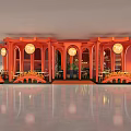 Warm Restaurant Interior With Red Curved Wall Small Lights Bar Counter And High Stools