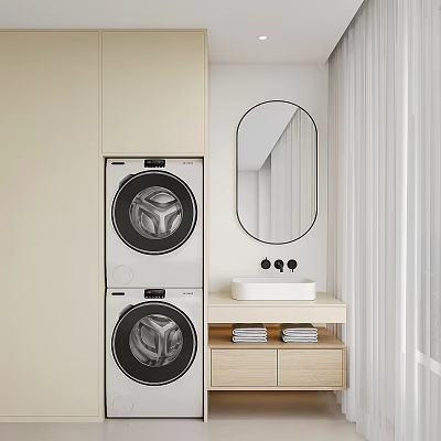 Modern Bathroom Vanity With Stacked Washer Dryer Oval Mirror Wooden Cabinet And Towels 3d model