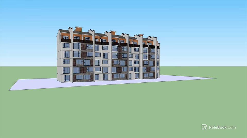 Modern Multistory Residential Building With Light Dark Facade Decorative Roof And Green Lawn 3d model 