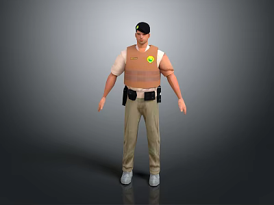 Man In Brown Vest With Yellow Badge White Short Sleeve Shirt Khaki Pants Black Cap 3d model