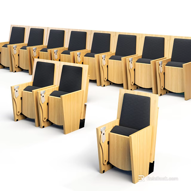 Wooden Frame Public Chairs With Black Cushions Neatly Arranged In Rows 3d model 