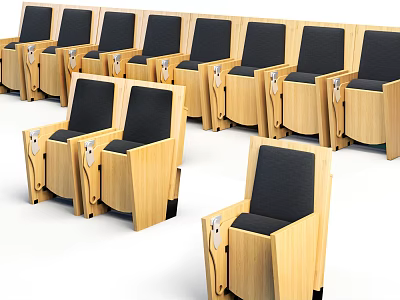 Wooden Frame Public Chairs With Black Cushions Neatly Arranged In Rows 3d model