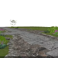 Garden Landscape With Stone Walkway Green Plants Pink Flowers And Tree