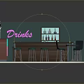 Retro Bar Interior Featuring Neon Drinks Sign Vintage Jukebox And Green Walls