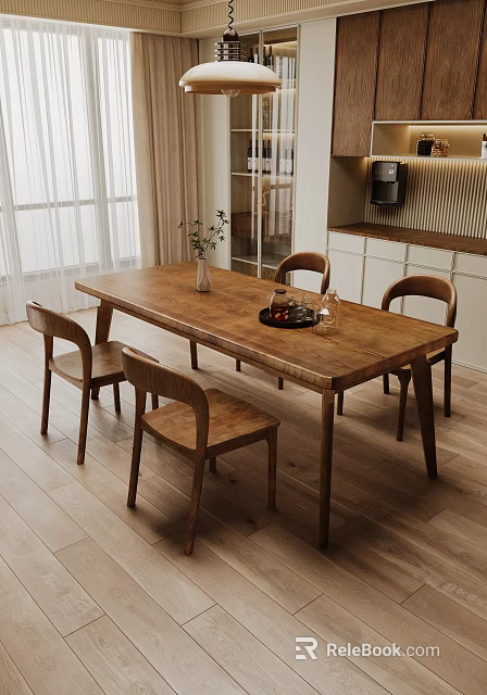 Wooden Dining Table Set With Four Chairs Vase And Tray In Bright Room 3d model 