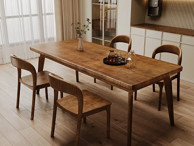 Wooden Dining Table Set With Four Chairs Vase And Tray In Bright Room 3d model