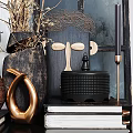 Modern Decorative Ornament Set With Dried Flowers Metal Vase And Geometric Accents