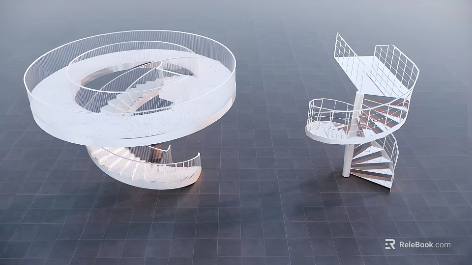Modern White Spiral Stairs With Metal Railings And Black Floor Tiles Design 3d model 