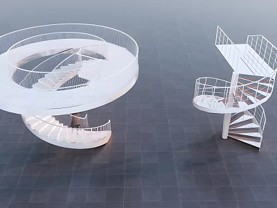 Modern White Spiral Stairs With Metal Railings And Black Floor Tiles Design 3d model
