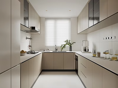 Modern Kitchen Interior With Light Wood Cabinets White Countertops Window Blinds And Small Plant 3d model