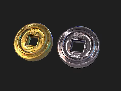 Vintage Gold And Silver Ancient Coins With Square Hole And Traditional Characters 3d model