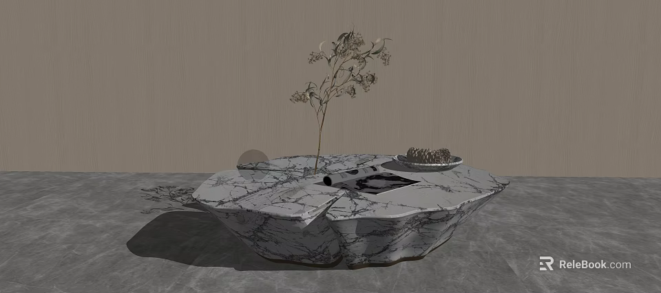 Marble Coffee Table with Dried Flower Arrangement and Pine Cone Decor 3d model
