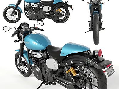 Yamaha Blue Vintage Motorcycle With Black Seat Stylish Wheels And Exhaust Pipes 3d model
